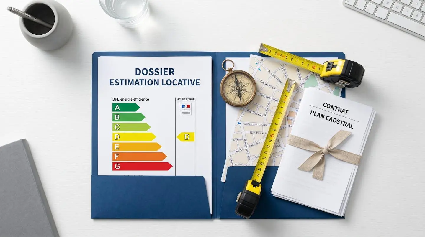 Illustration isométrique d'un immeuble entouré de huit icônes représentant les critères d'estimation d'un loyer : localisation, surface, DPE, marché, etc.