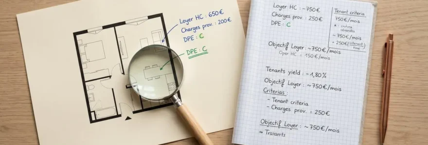 Une loupe posée sur un plan d'appartement avec annotations de prix, à côté d'un carnet de calculs sur une table en bois, symbolisant l'analyse professionnelle immobilière.