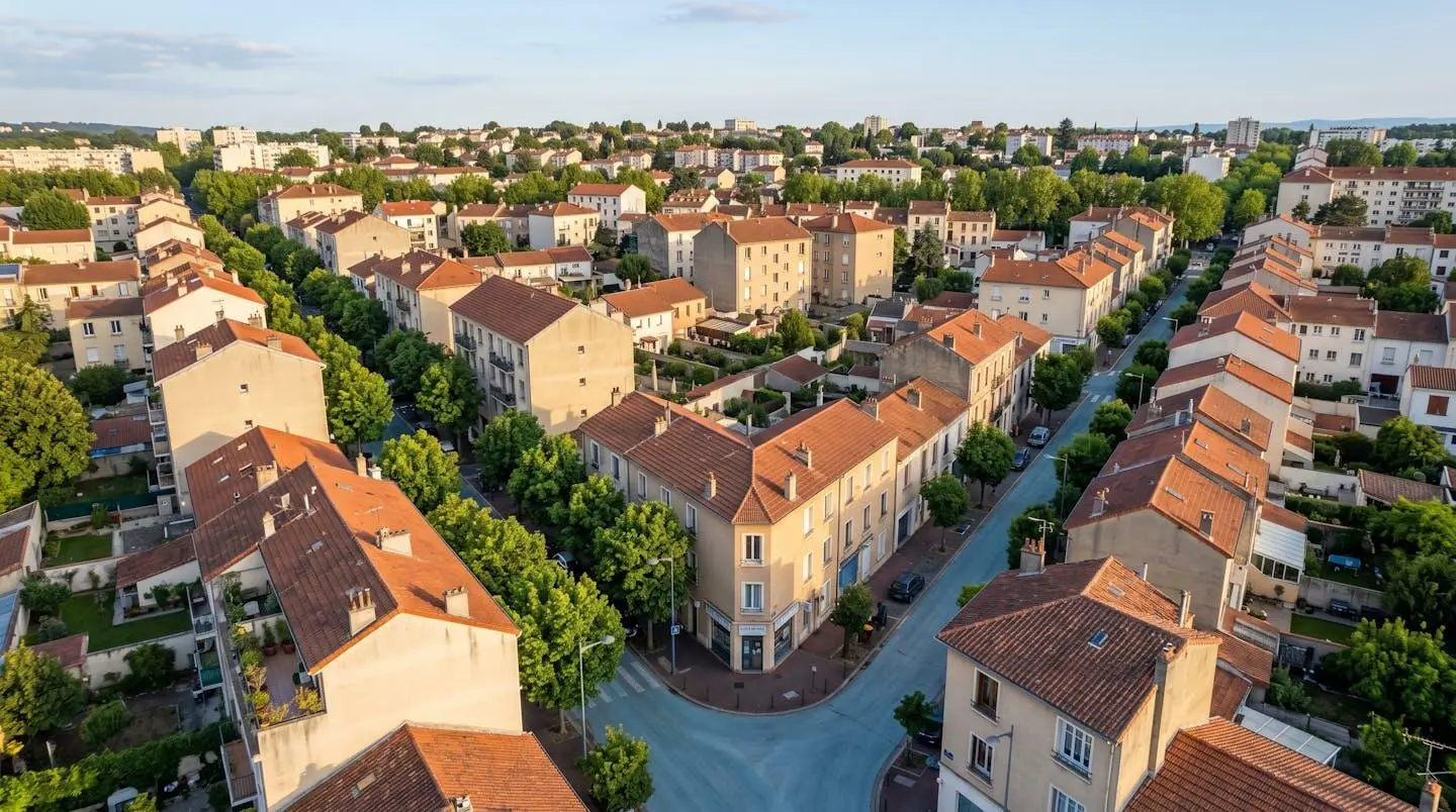 Vue aérienne d'un quartier résidentiel picard typique avec petits immeubles, toits rouges et rues arborées, illustrant le marché locatif local.