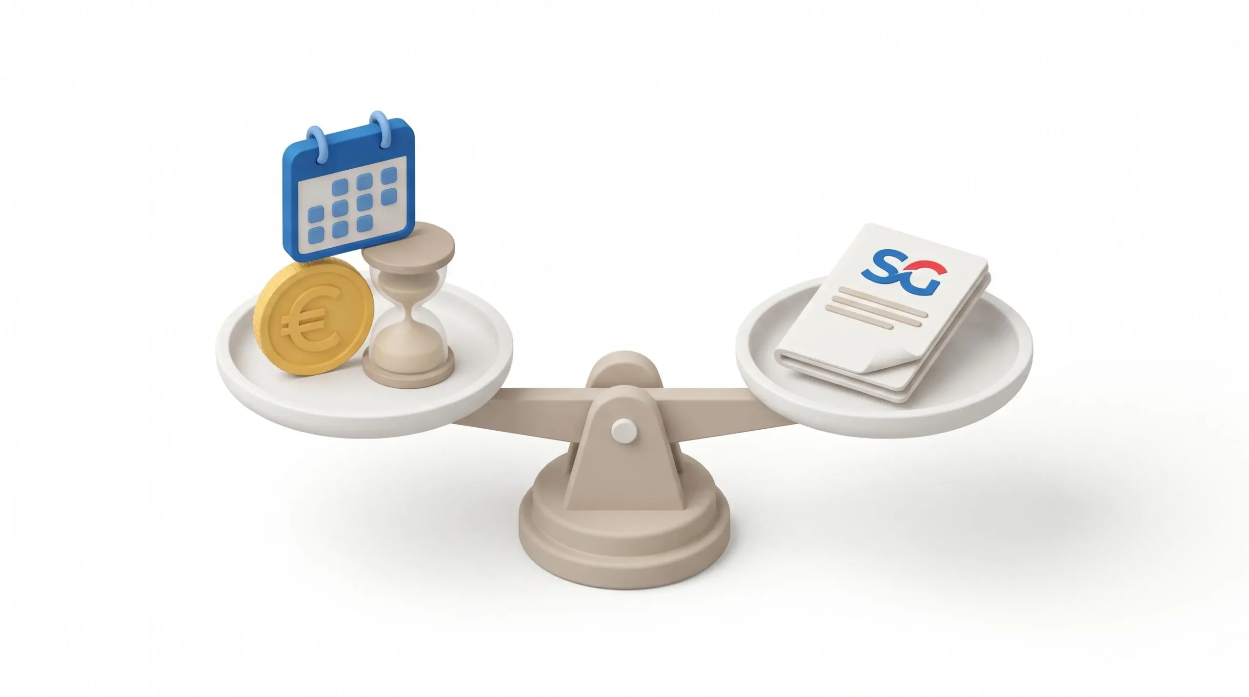Illustration 3D d'une balance équilibrée avec des icônes représentant les critères d'éligibilité d'un côté et un contrat PEL de l'autre