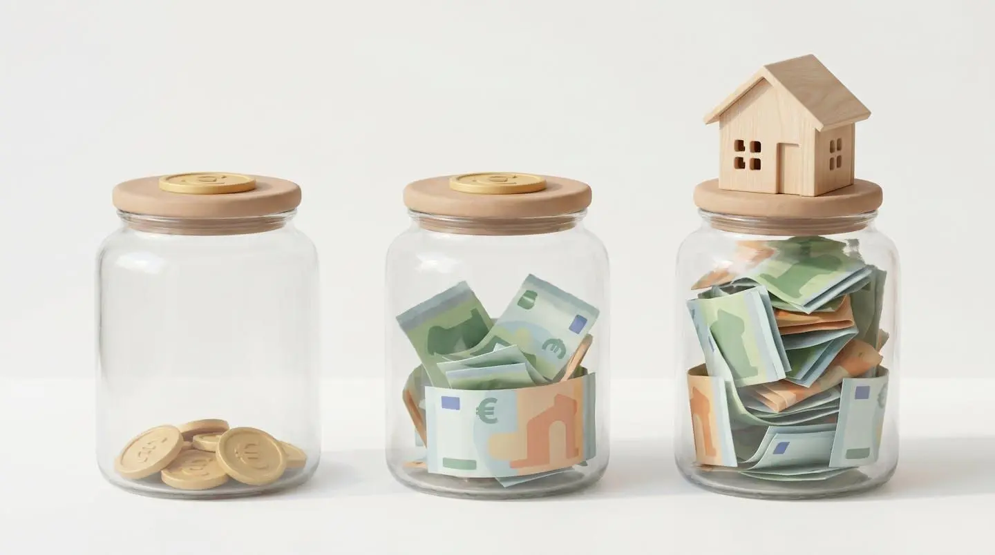 Trois bocaux en verre transparent de taille croissante illustrant la progression de l'épargne vers les droits à prêt puis le projet immobilier
